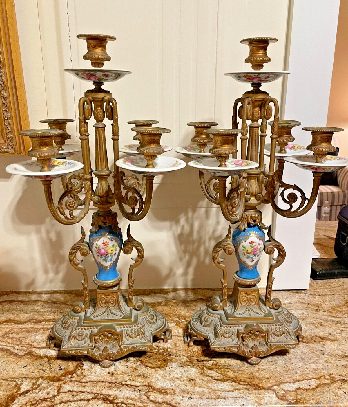 19th C-Candelabra Sevres Bleu Celeste Porcelain & Ormolu Belcort Mansion Newport
