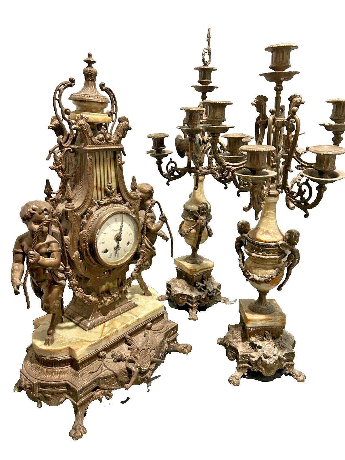 VINTAGE ITALIAN IMPERIAL  3 PIECE BRASS & MARBLE CLOCK & CANDELABRAS