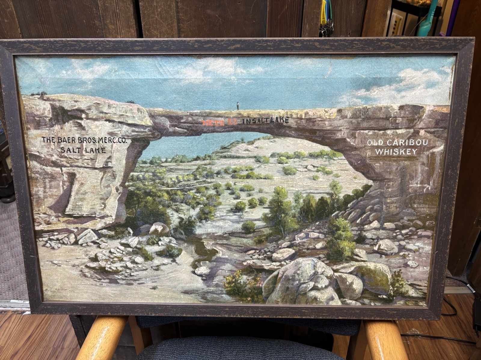 1914 PRE PROHIBITION OLD CARIBOU WHISKEY ADVERTISMENT PAINTING. ONE OF A KIND