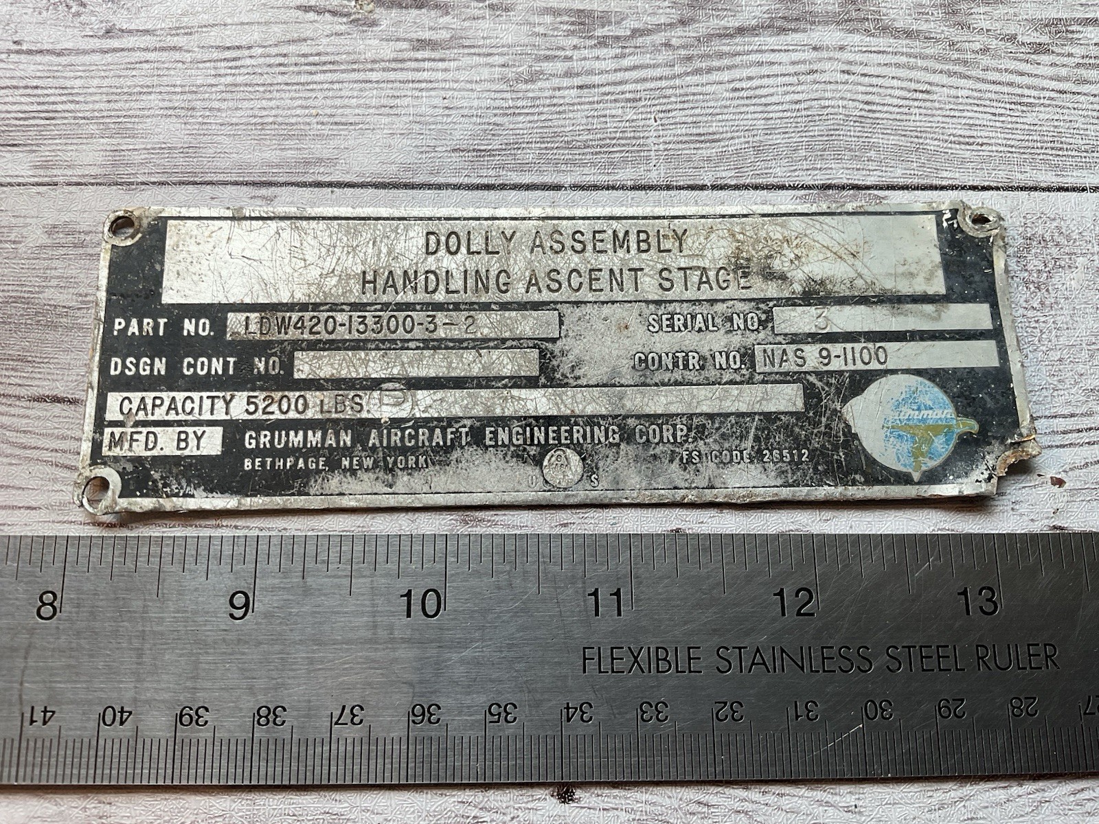 ORIG APOLLO 11 ERA GRUMMAN LUNAR MODULE LEM DOLLY ASCENT STAGE SPEC NAME PLATE ORIG APOLLO 11 ERA GRUMMAN LUNAR MODULE LEM DOLLY ASCENT STAGE SPEC NAME PLATE