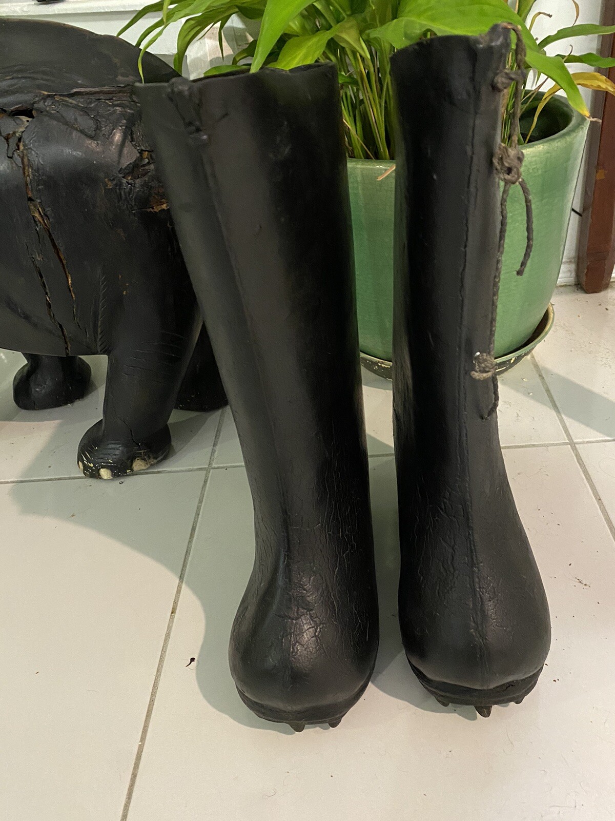 Antq. 1700s? rare pair Asian Leather rice paddy boots metal studs on base See P