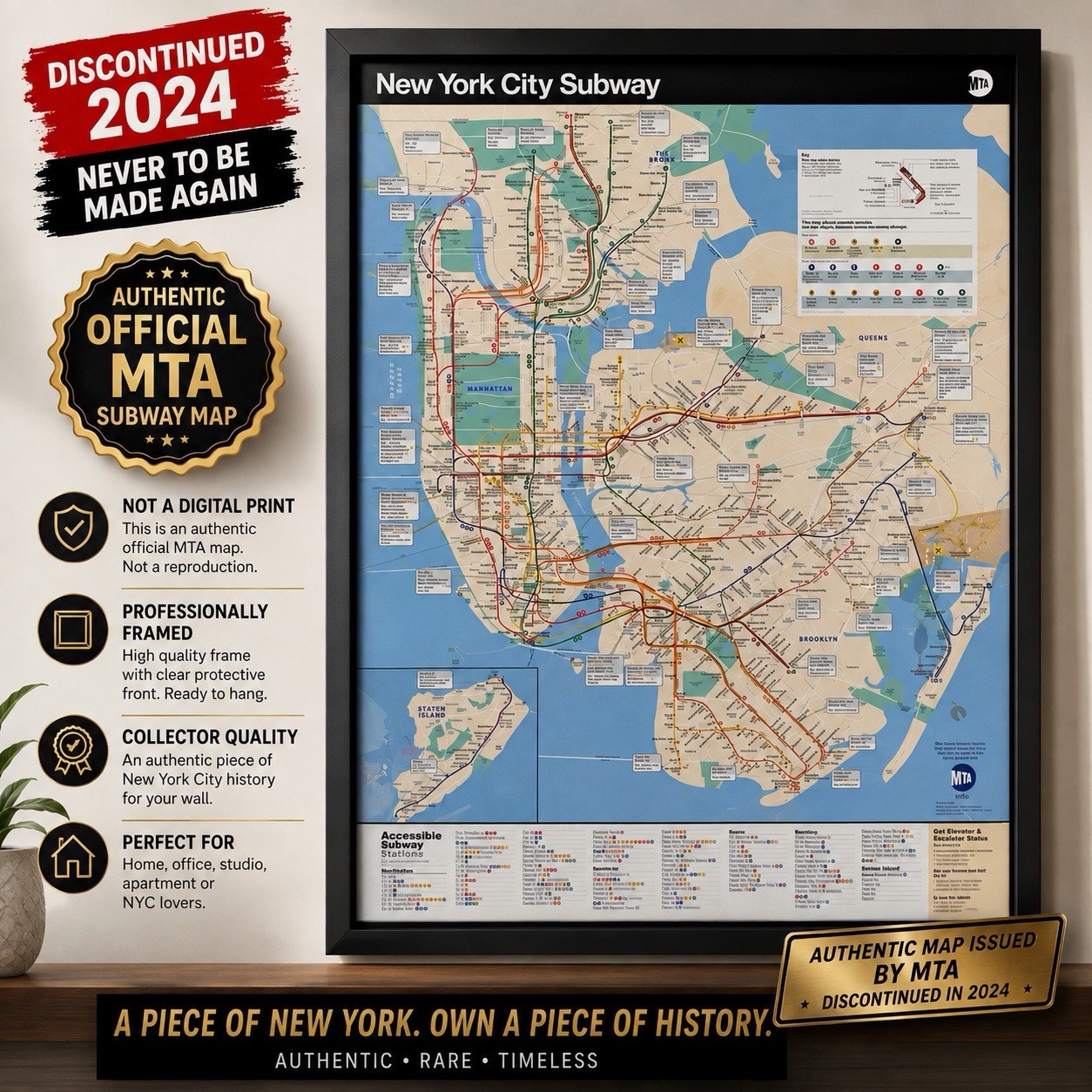 DISCONTINUED 2024 Official MTA NYC Subway Map — Original Framed 24x34 DISCONTINUED 2024 Official MTA NYC Subway Map — Original Framed 24x34