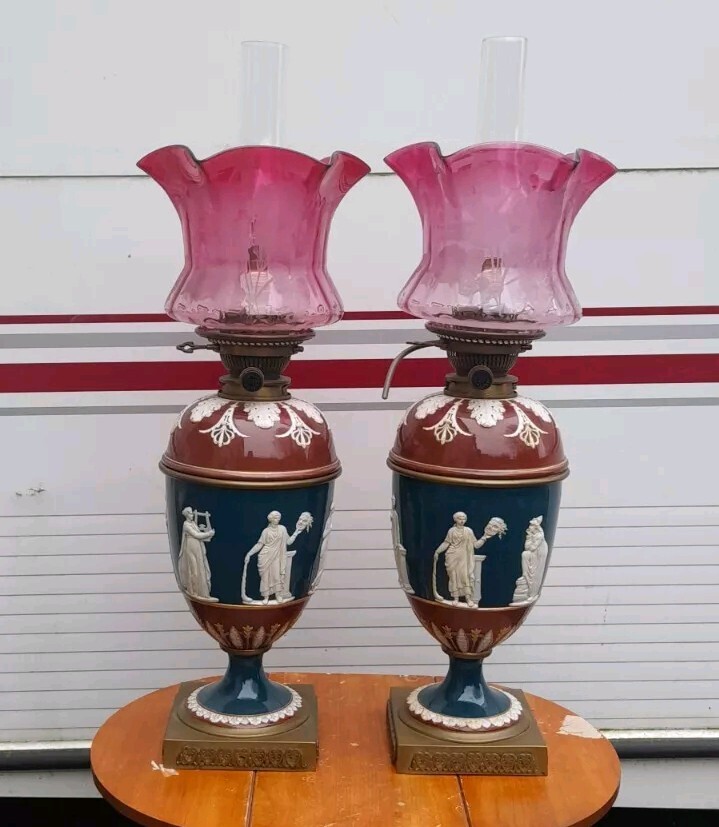 Pair Victorian Wedgwood Applied Slip Hinks Oil Lamps, Oil & Electric, Shades Pair Victorian Wedgwood Applied Slip Hinks Oil Lamps, Oil & Electric, Shades