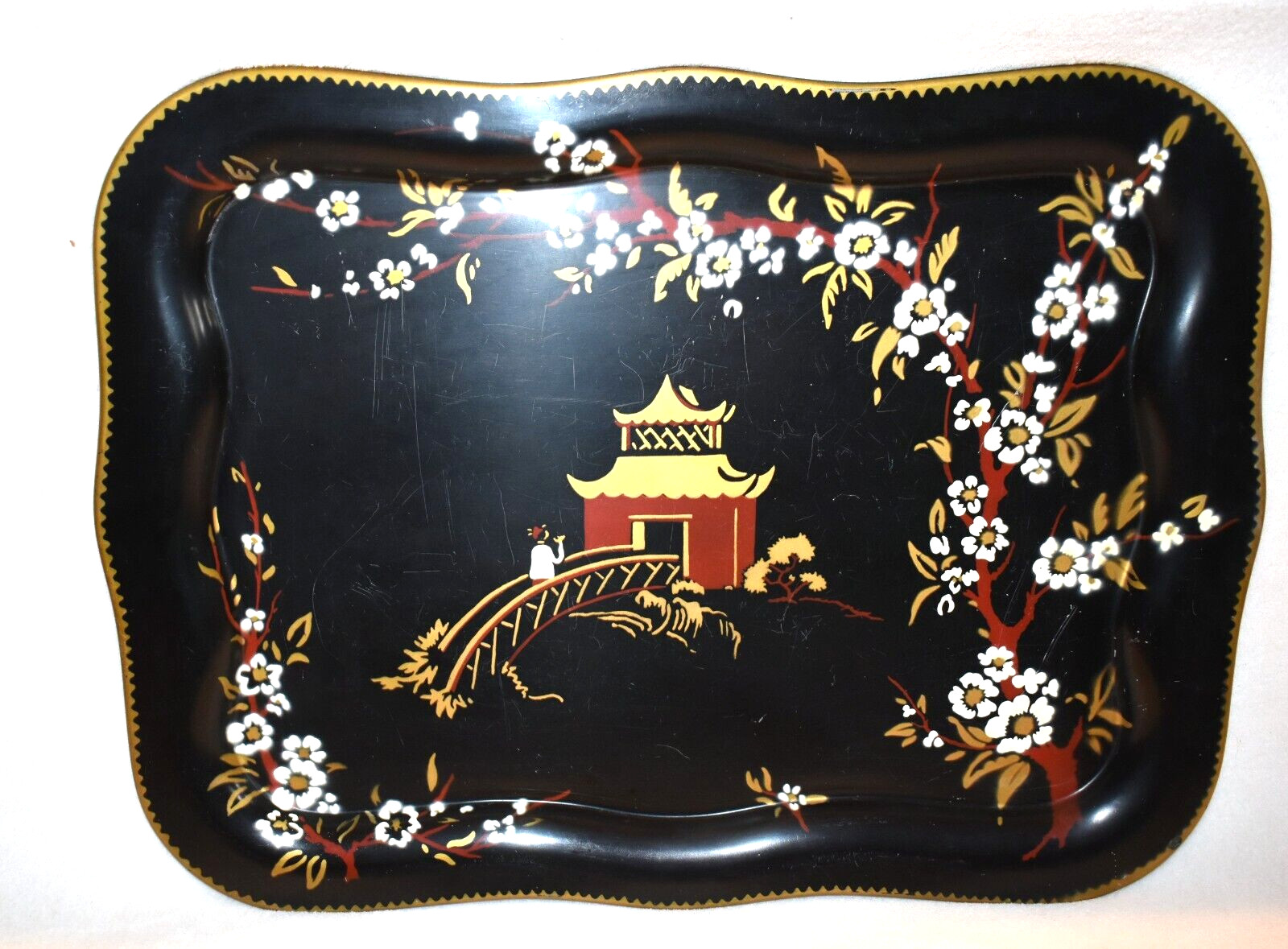 Vintage accents MCM Large Chinoiseries painted tole tray 22 1/2 Vintage accents MCM Large Chinoiseries painted tole tray 22 1/2