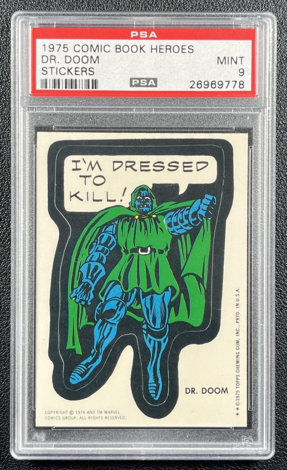DR. DOOM PSA 9 1975 TOPPS COMIC BOOK HEROES STICKER #NNO MARVEL STICKERS 9778 DR. DOOM PSA 9 1975 TOPPS COMIC BOOK HEROES STICKER #NNO MARVEL STICKERS 9778