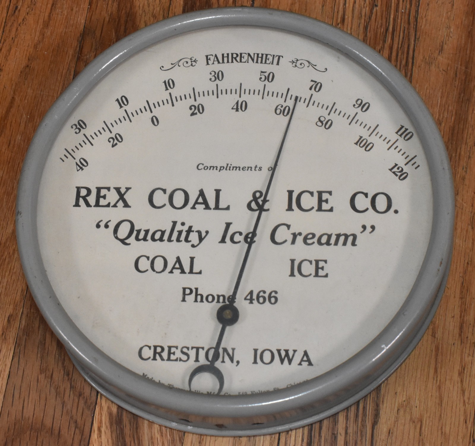 Vintage Rex Coal & Ice Co CRESTON IOWA Advertising Thermometer Quality Ice Cream