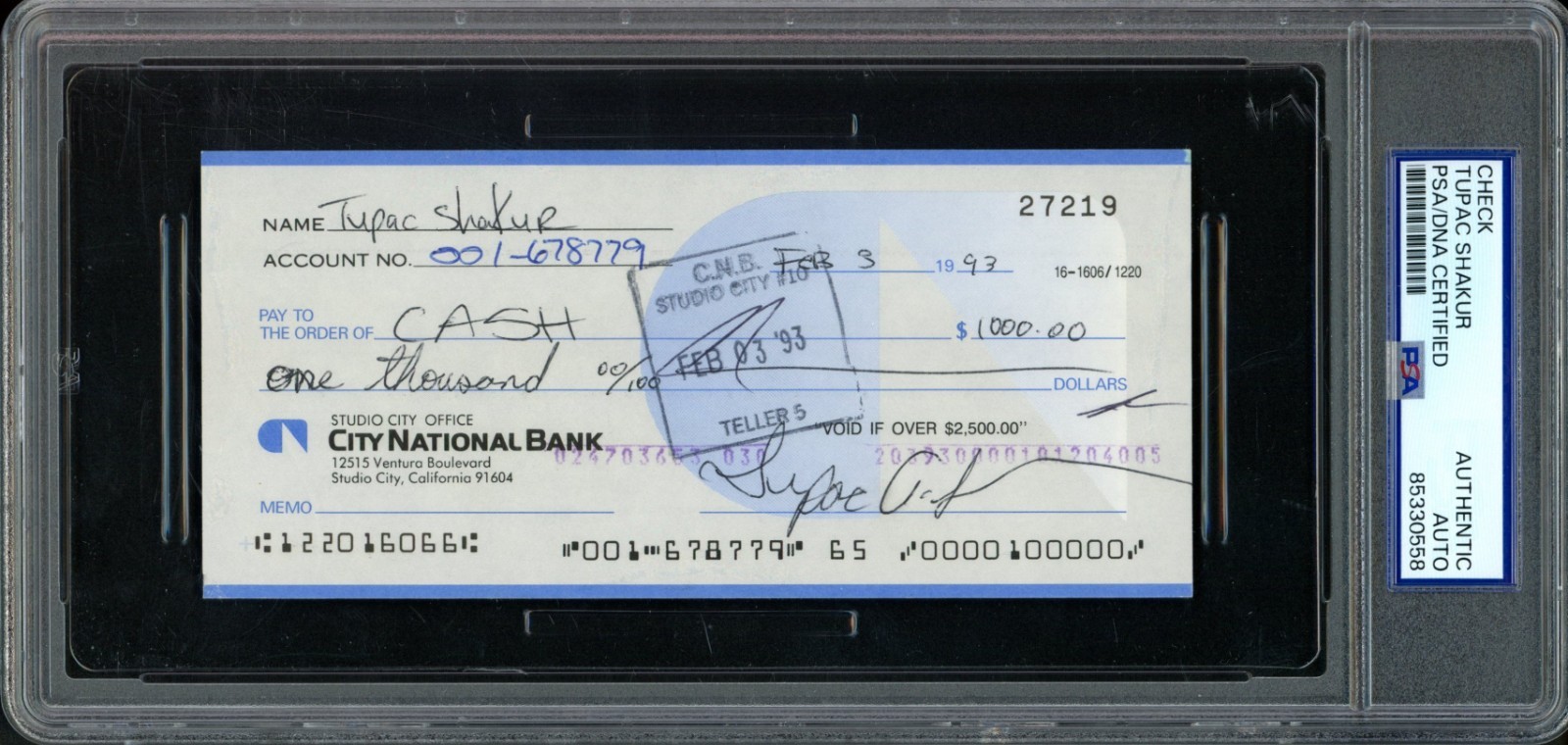 TUPAC SHAKUR 1993 HAND SIGNED PERSONAL BANK CHECK PSA/DNA AUTO VERY RARE TUPAC SHAKUR 1993 HAND SIGNED PERSONAL BANK CHECK PSA/DNA AUTO VERY RARE