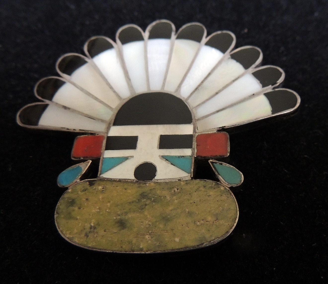 Zuni Wotemthla Kachina Pin Mosaic Inlay Stunning Serpentine Fur Collar 1950s Zuni Wotemthla Kachina Pin Mosaic Inlay Stunning Serpentine Fur Collar 1950s