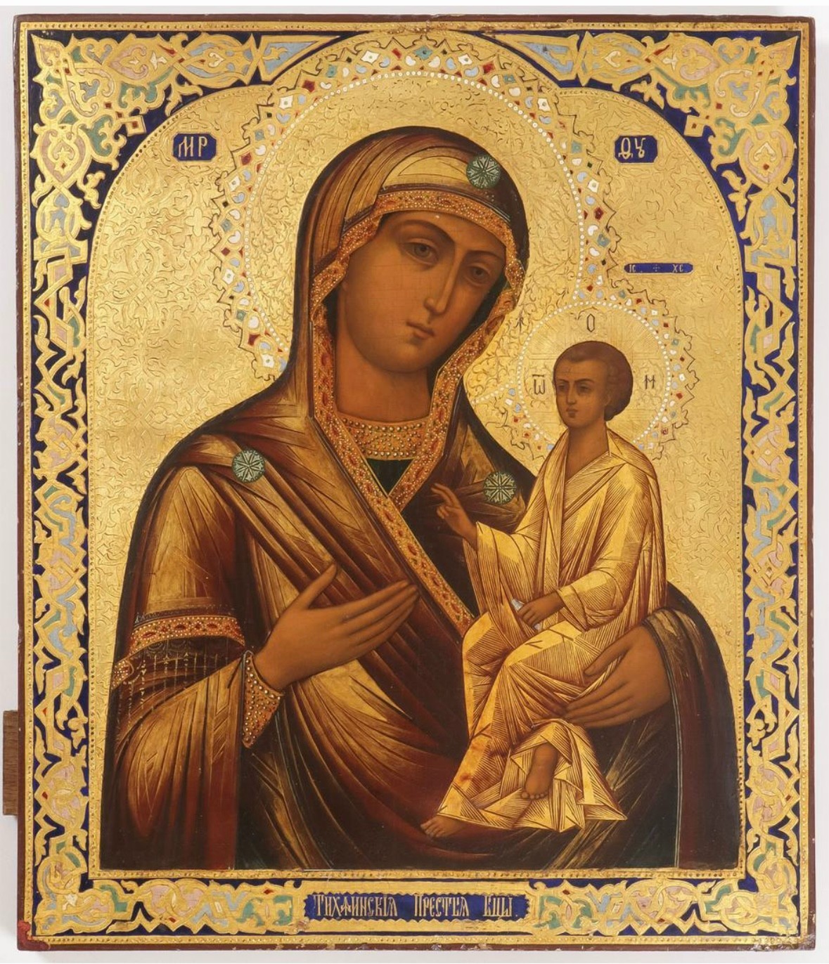 Mother of God “Tikhvinskaya” Icon – Palekh School, 1820, Gilded & Enamel Detail