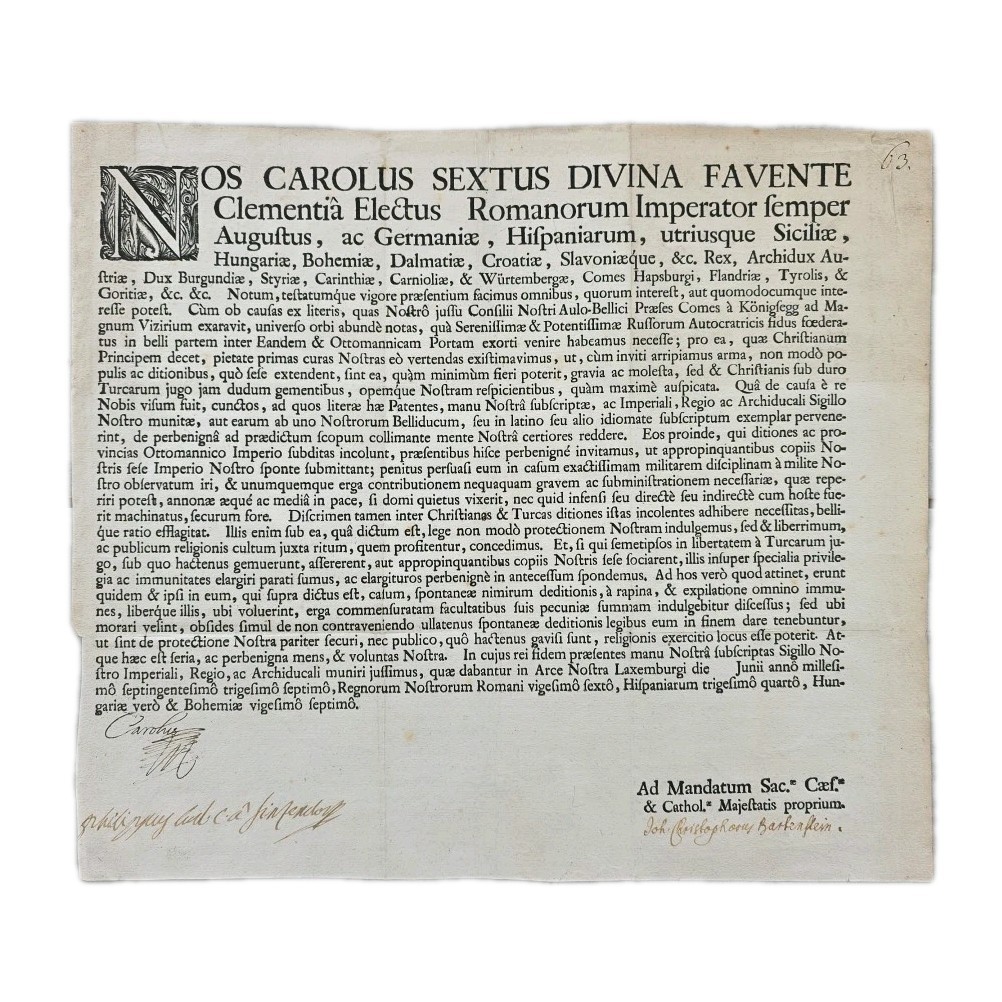 Charles VI Signed Catherine I Russian War Alliance Royal Proclamation Broadside Charles VI Signed Catherine I Russian War Alliance Royal Proclamation Broadside