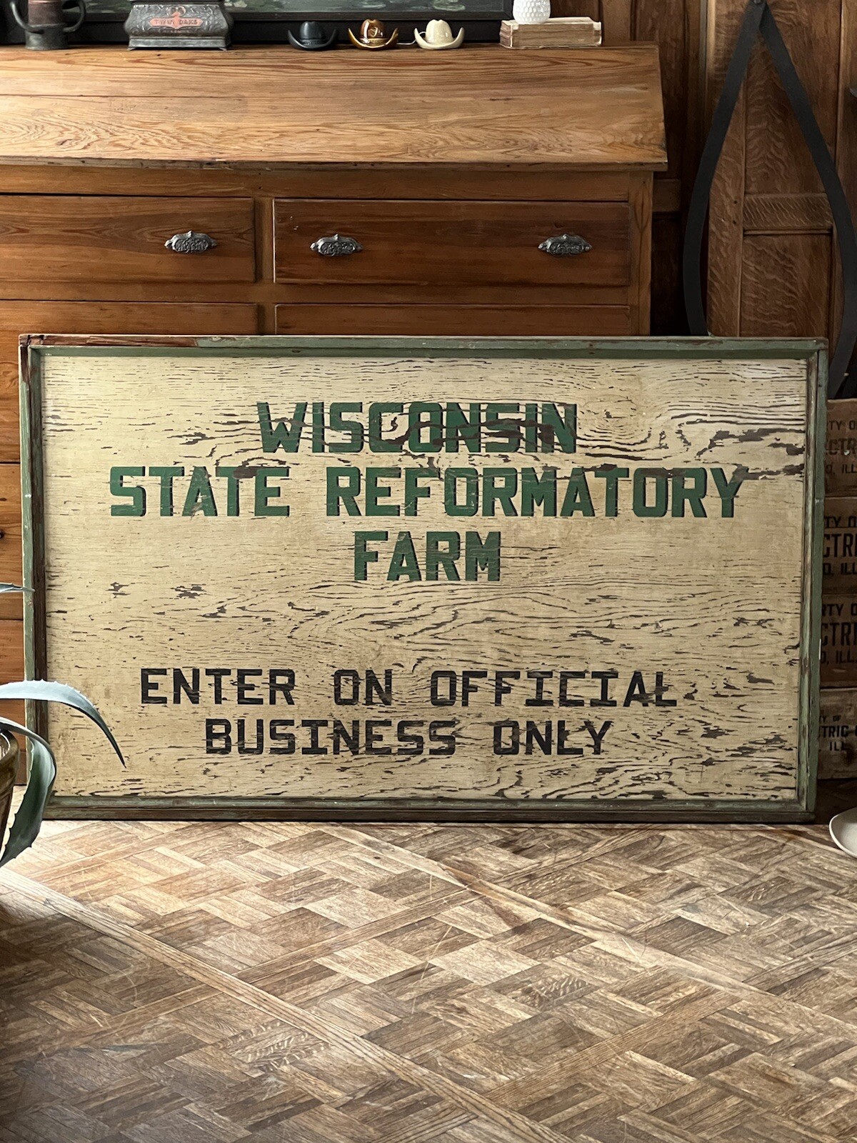 Large Antique Wisconsin State Reformatory Farm Sign, Antique Painted Wood Sign