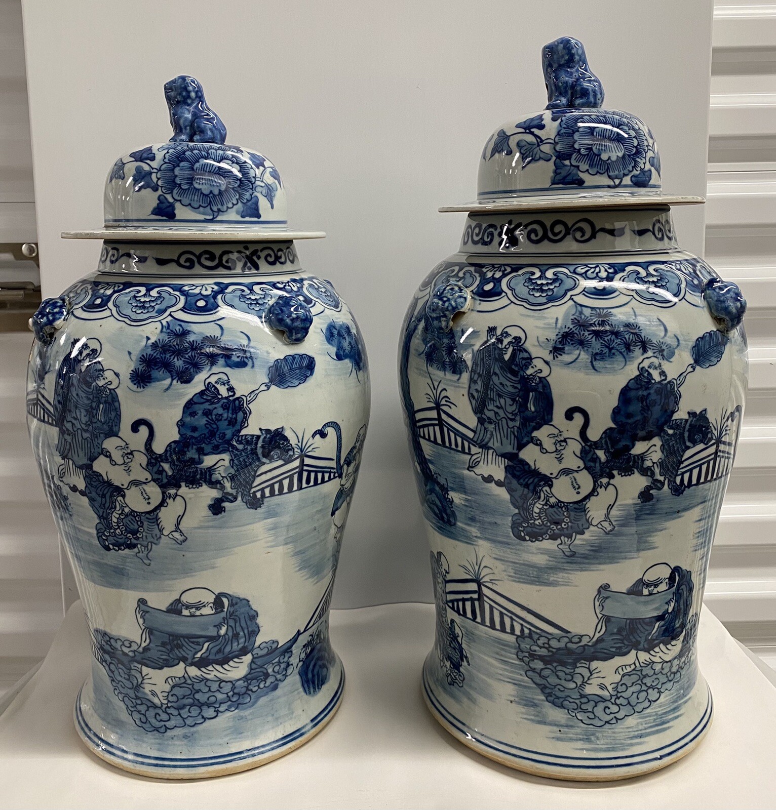 Pair (2) Chinese Blue & White Chinoiserie￼Temple Jars 19” & 19 1/2” X 10”