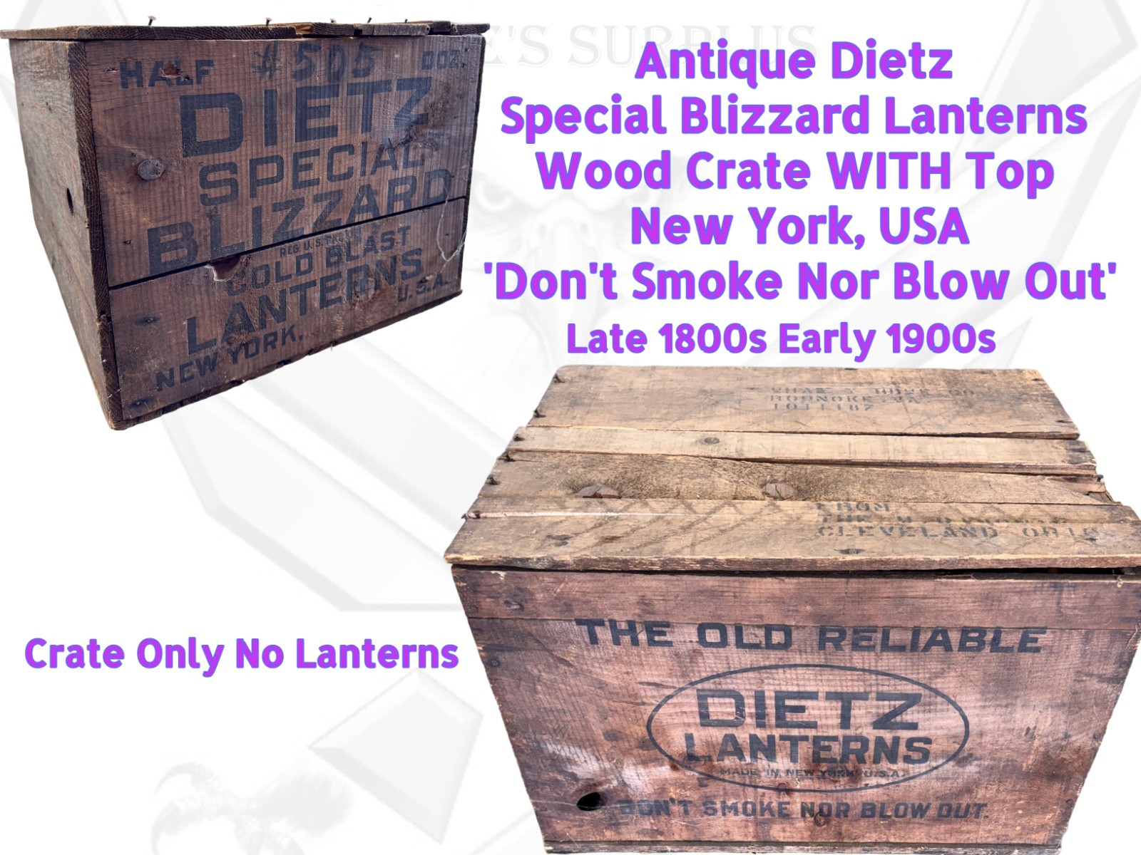 Antique Dietz Wood Crate w/Top New York Blizzard Lanterns 1800s-Early 1900s WH1