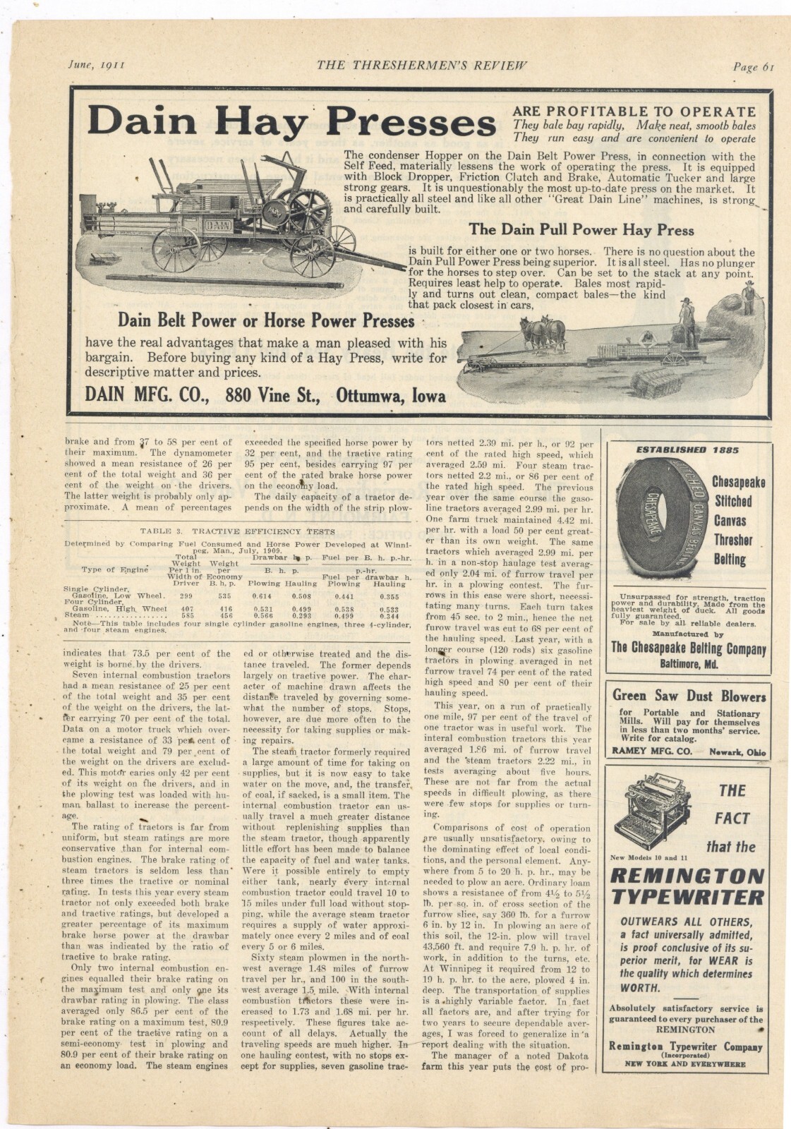 1911 Dain Mfg. Co. Ad: Belt or Horse Power Hay Press - Ottumwa, Iowa 1911 Dain Mfg. Co. Ad: Belt or Horse Power Hay Press - Ottumwa, Iowa