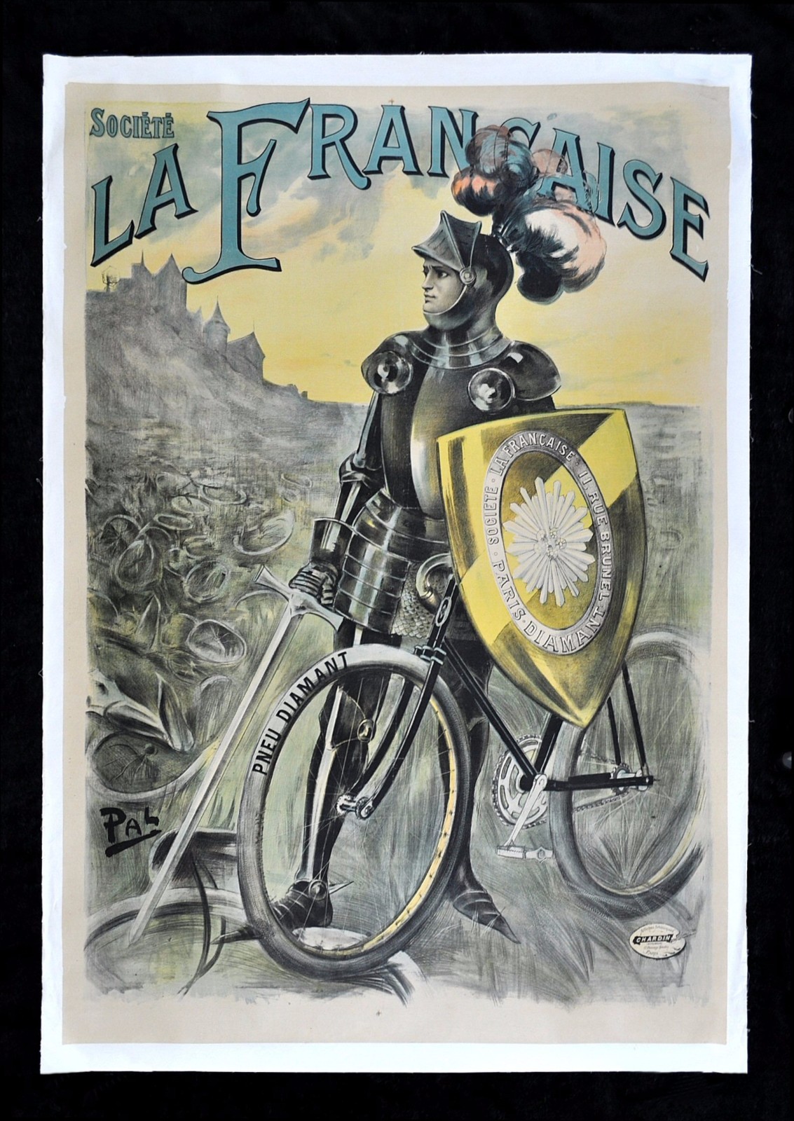 SOCIETE LA FRANCAISE ✯ BICYCLE BIKE DIAMANT TIRE KNIGHT FRENCH POSTER ca. 1900