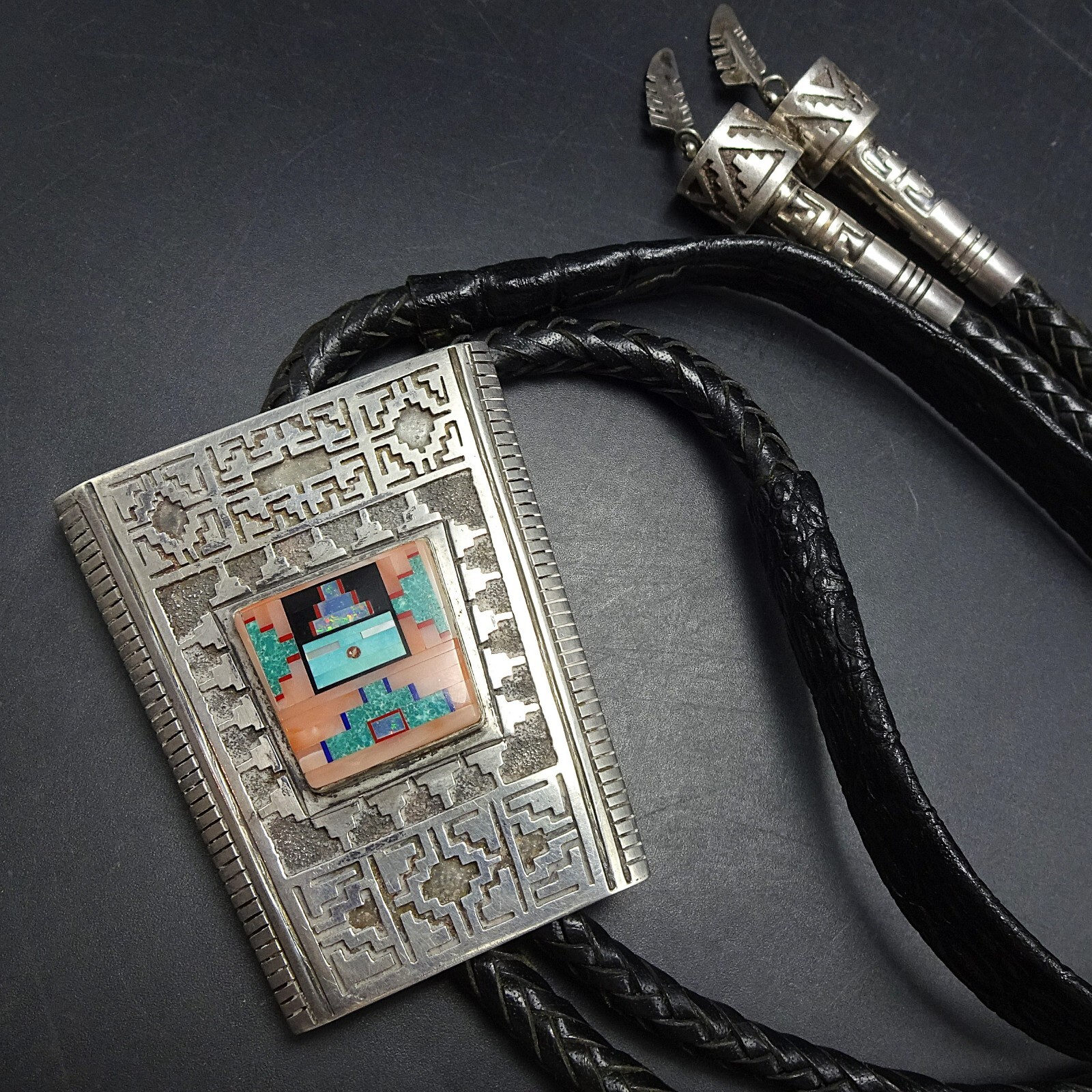 Vintage ABRAHAM BEGAY Navajo TURQUOISE CORAL Inlay Sterling Silver BOLO Tie