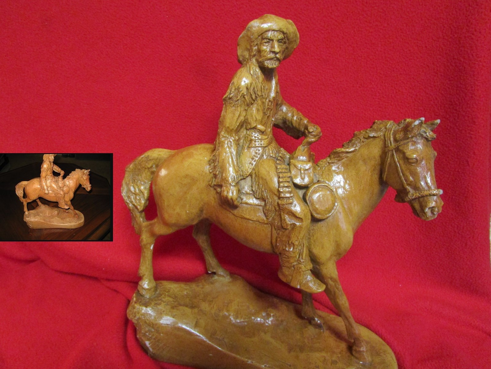 Antique Wood Statue VINTAGE BEAUTIFUL BUFFALO BILL COWBOY HORSE STATUE Antique Wood Statue VINTAGE BEAUTIFUL BUFFALO BILL COWBOY HORSE STATUE
