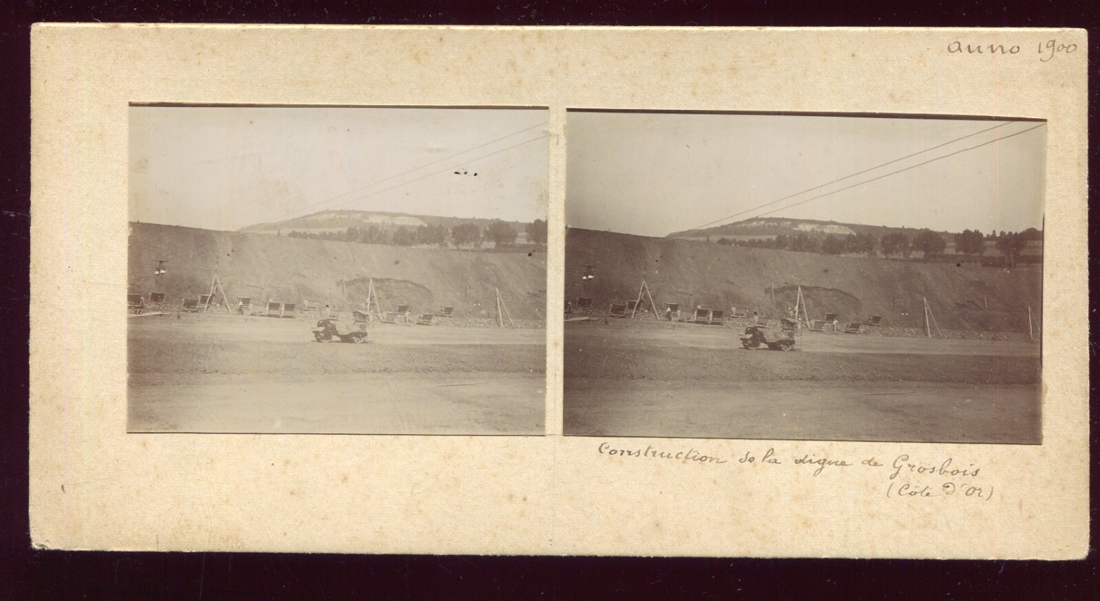 rare Grosbois Côte-d'Or stereo photo. construction of the dike between 1900 -1905 rare Grosbois Côte-d'Or stereo photo. construction of the dike between 1900 -1905