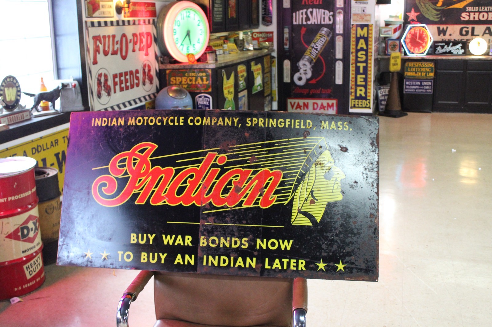 RARE 1940s INDIAN MOTORCYCLE BUY WAR BONDS WWII PAINTED METAL DEALER SIGN HARLEY RARE 1940s INDIAN MOTORCYCLE BUY WAR BONDS WWII PAINTED METAL DEALER SIGN HARLEY