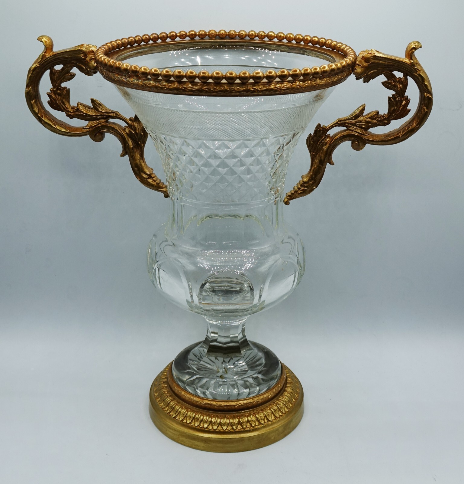 19th Century French Baccarat Cut Crystal & Ormolu Bronze Urn Handled Vase