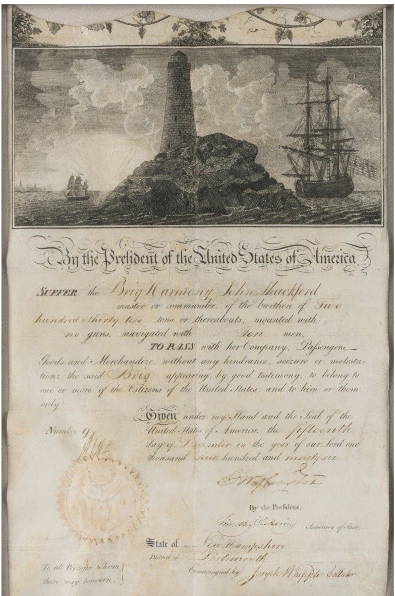 Exceptionally Rare George Washington Scallop Top Ship Passport as President 1796