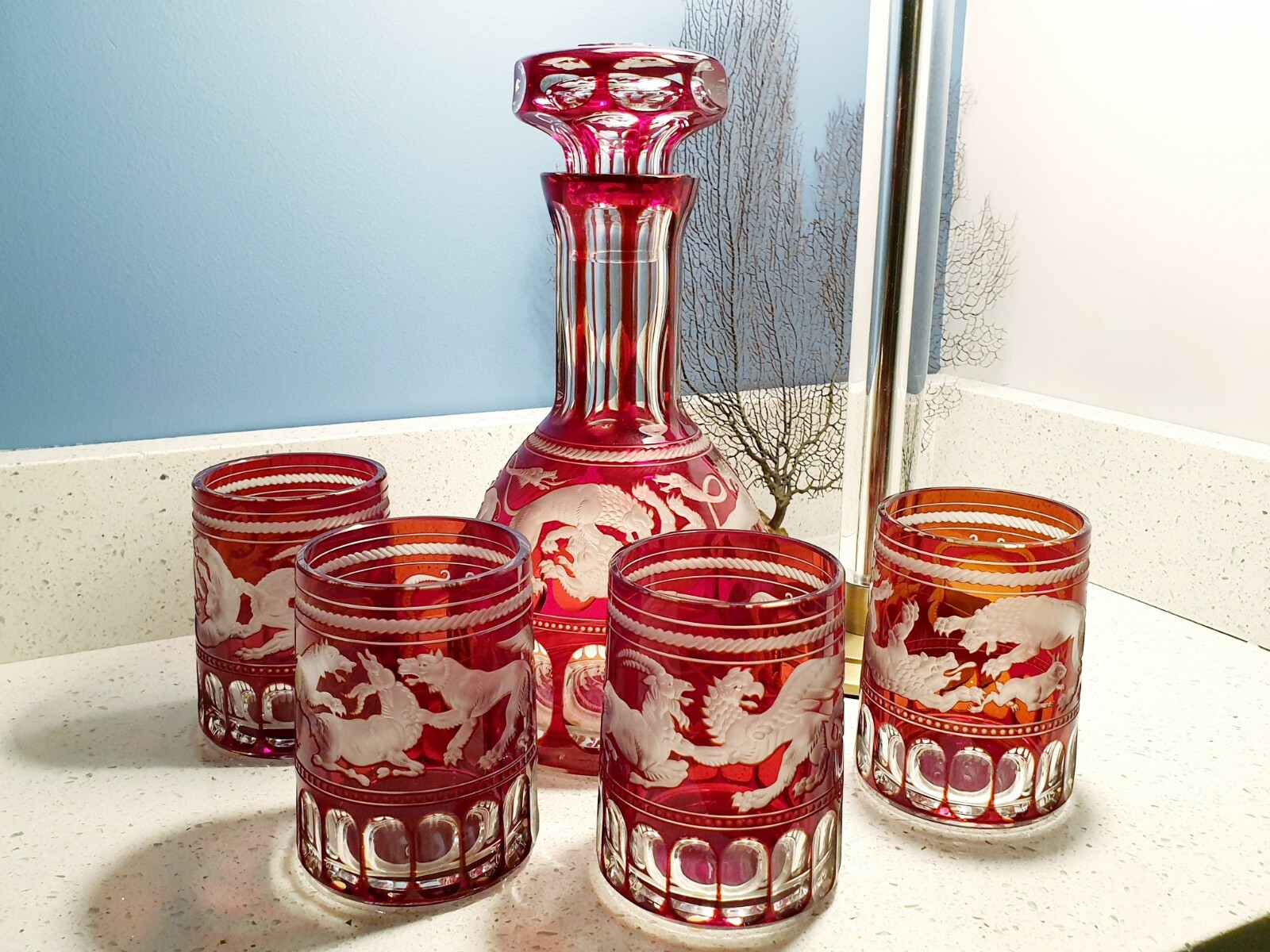 Faberge Museum Collection Ruby Red Scythian Crystal Whiskey Glass Decanter Set