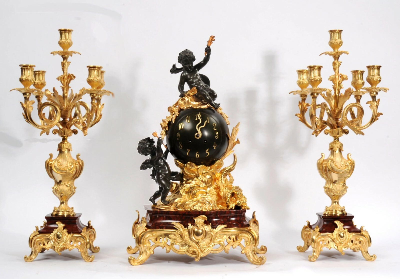 Exceptional Antique French Ormolu, Bronze and Red Marble Louis XV Clock Set Exceptional Antique French Ormolu, Bronze and Red Marble Louis XV Clock Set