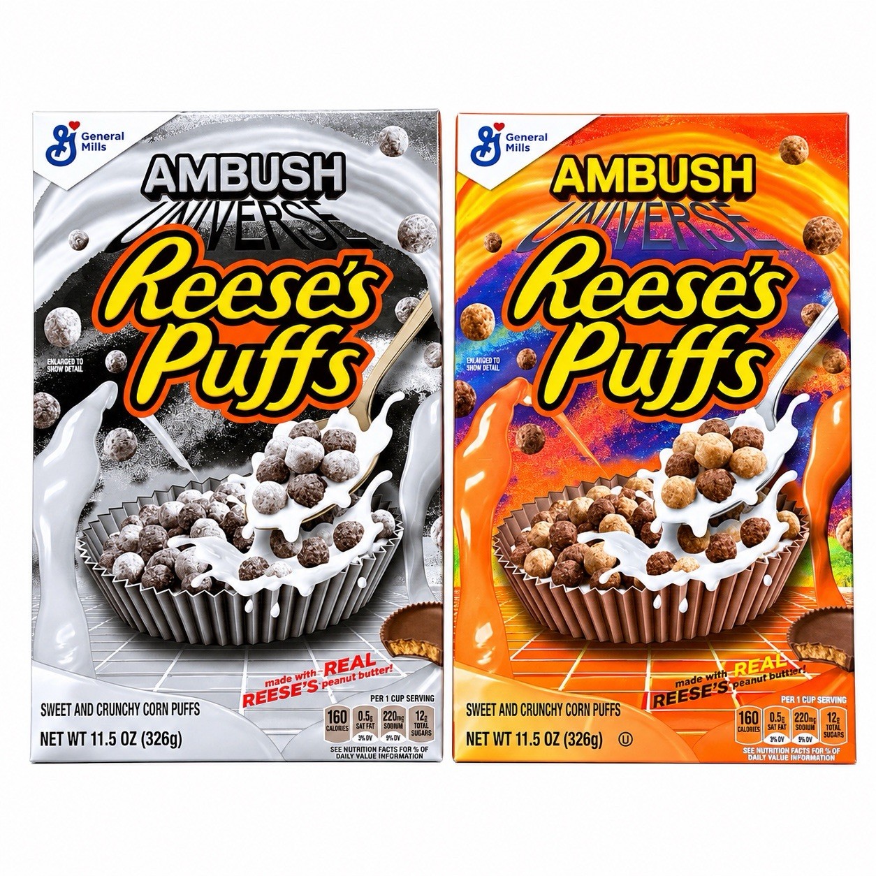 RARE Ambush Universe x Reeses Puffs Complete 2 Box Set Color & Monochrome