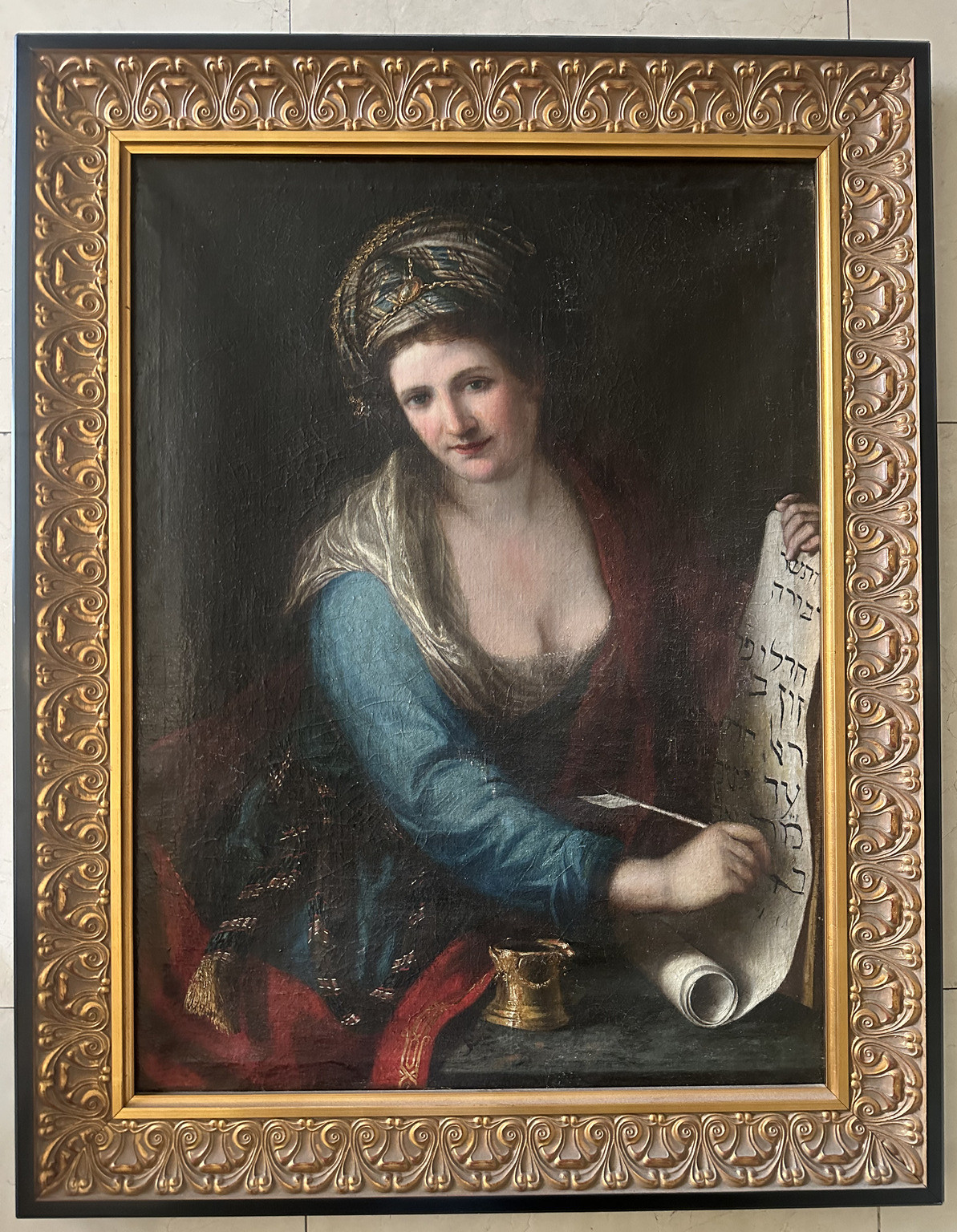 Antique Judaica Painting of a woman writing a religious script