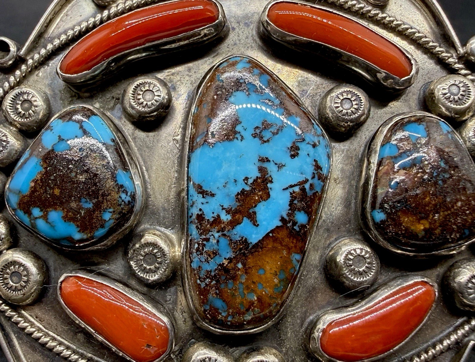 Amazing Navajo Handcrafted Sterling GEM BISBEE Turquoise & Red Coral Belt Buckle