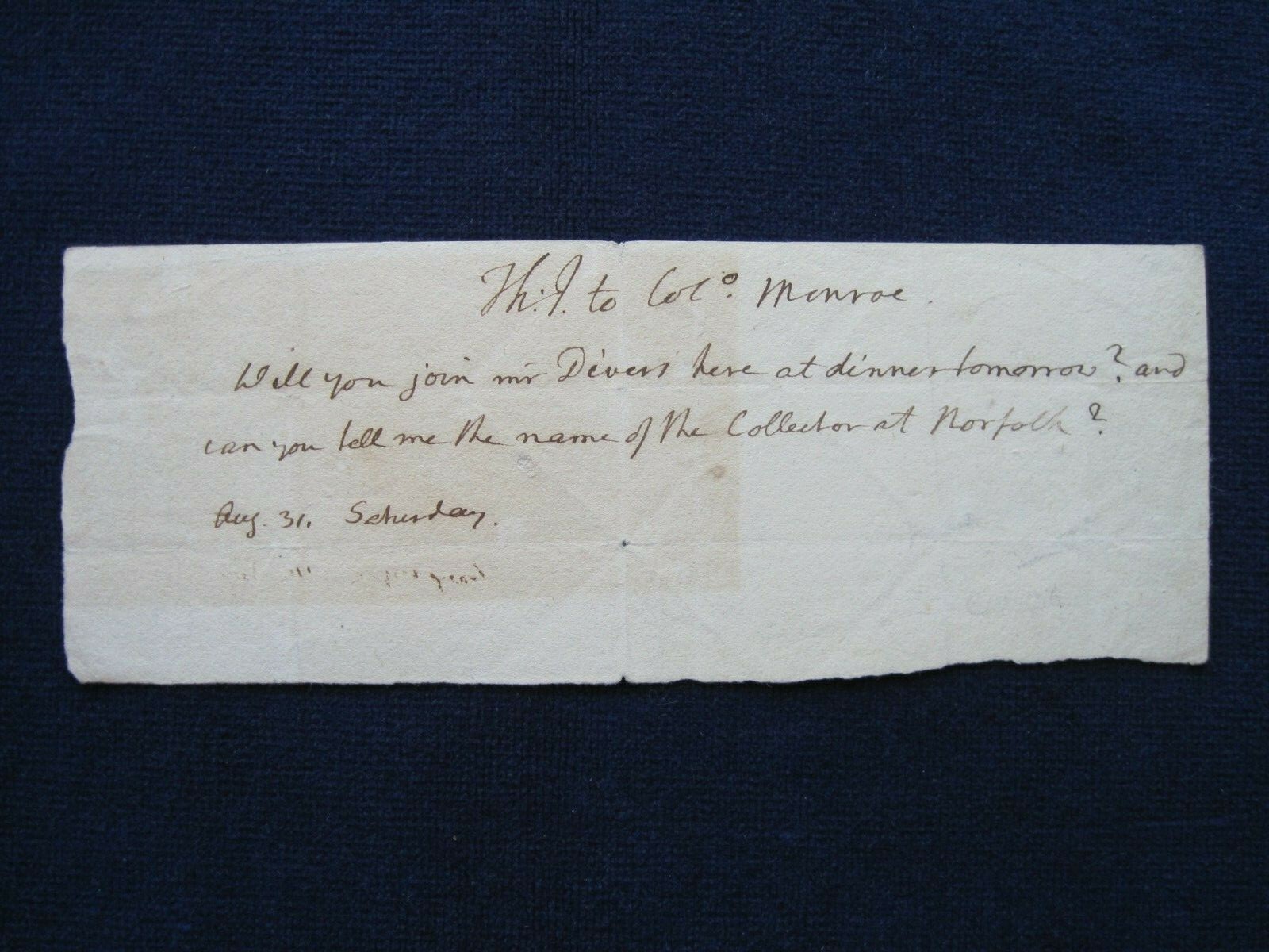 ORIGINAL AUTOGRAPH NOTE SIGNED by THOMAS JEFFERSON to JAMES MONROE, SINGLE SHEET ORIGINAL AUTOGRAPH NOTE SIGNED by THOMAS JEFFERSON to JAMES MONROE, SINGLE SHEET