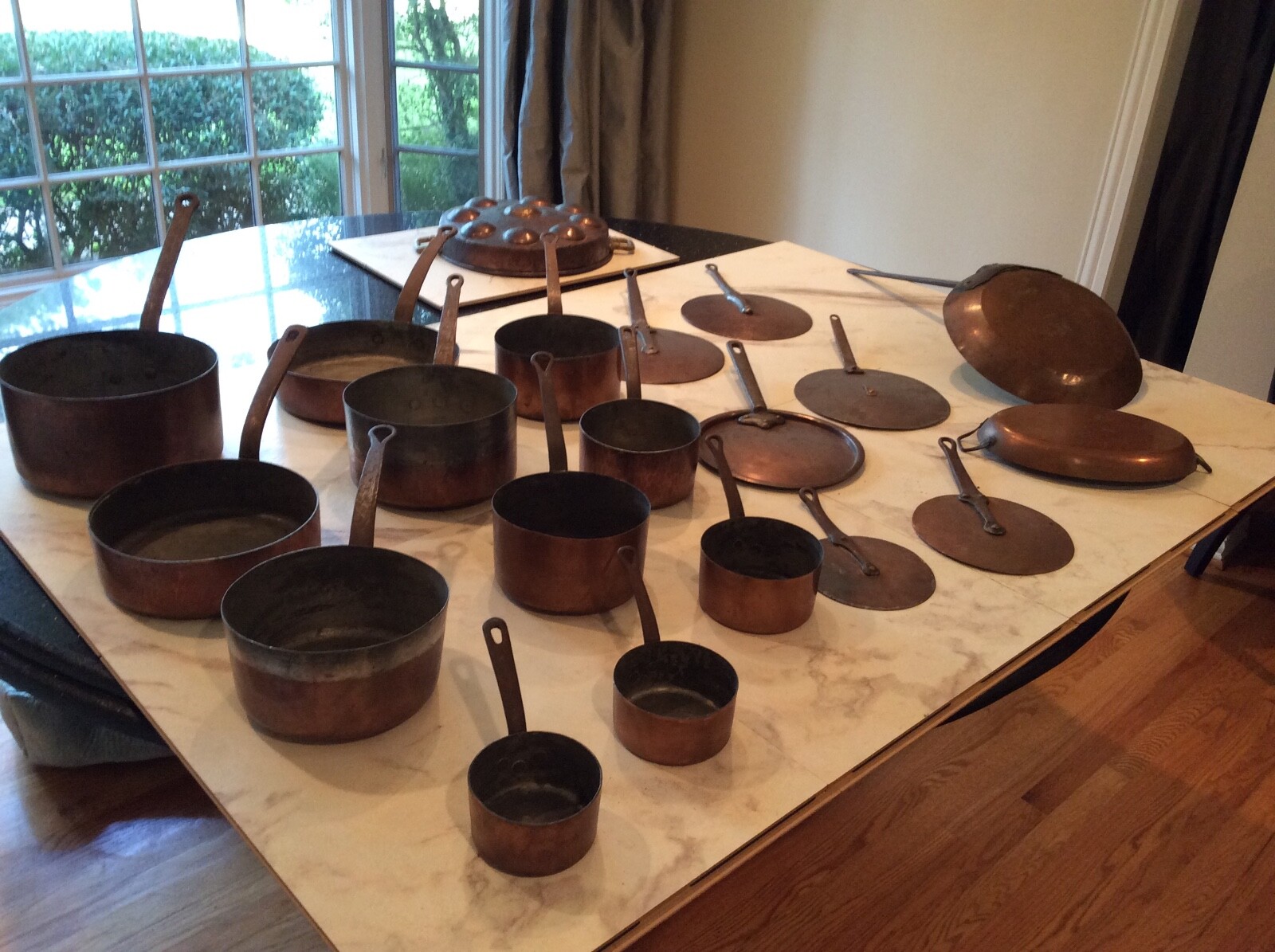 Huge Lot 20 Antique French Copper Pots/Frying Pans/Lids/Souffle/Egg Poacher