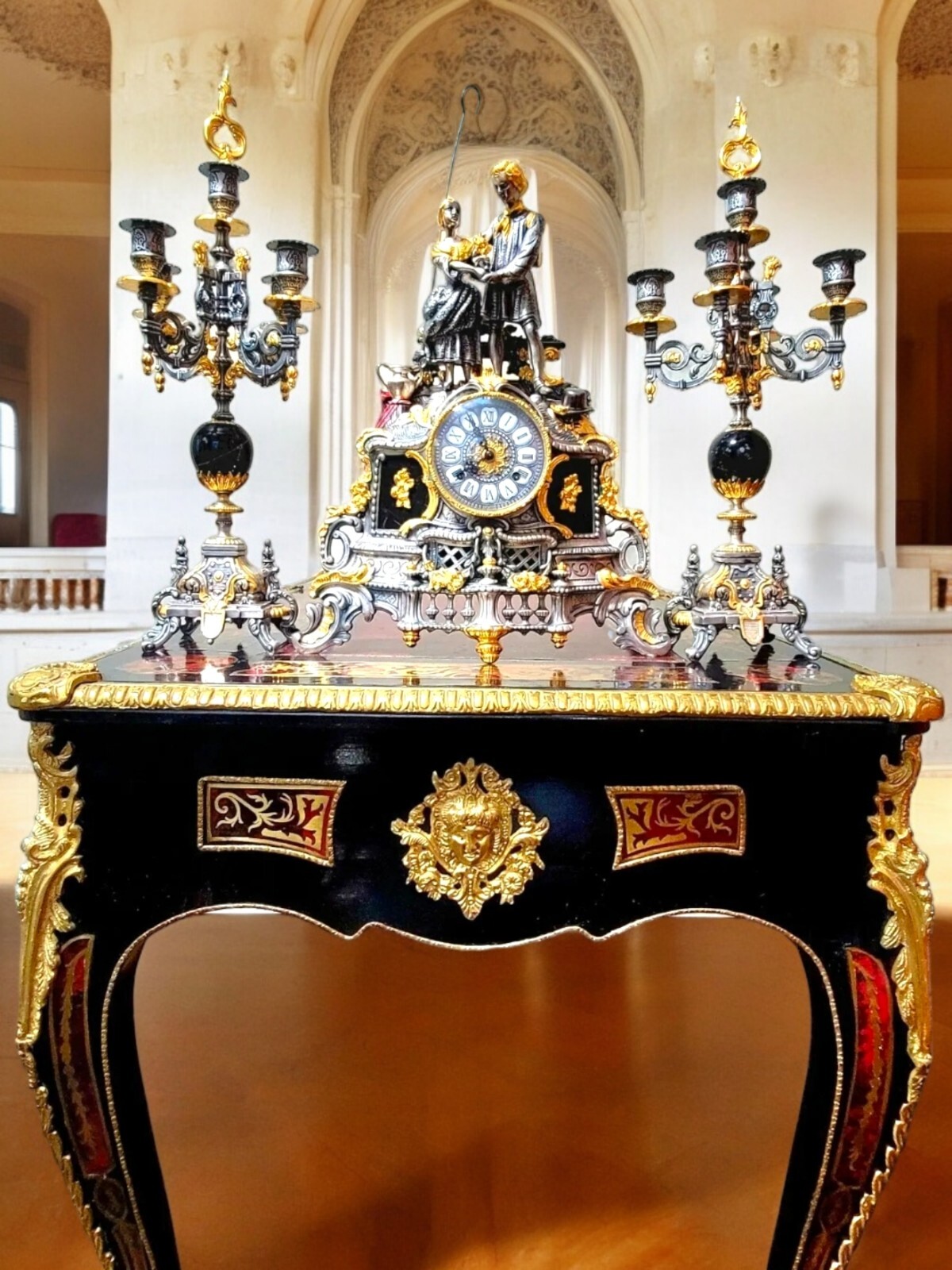 Lancini 24k Gold Gilded & Black Marble Mantle Clock & Candelabra Set from Italy Lancini 24k Gold Gilded & Black Marble Mantle Clock & Candelabra Set from Italy
