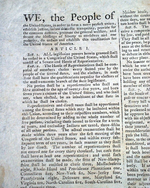 Historic UNITED STATES CONSTITUTION George Washington Signs 1787 U.S. Newspaper Historic UNITED STATES CONSTITUTION George Washington Signs 1787 U.S. Newspaper