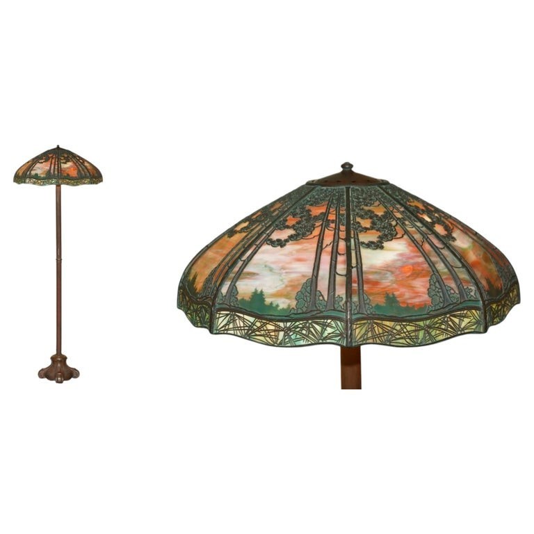 ORIGINAL ANTIQUE BRONZE STAINED GLASS HANDEL SUNSET OVER PINE TREES FLOOR LAMP