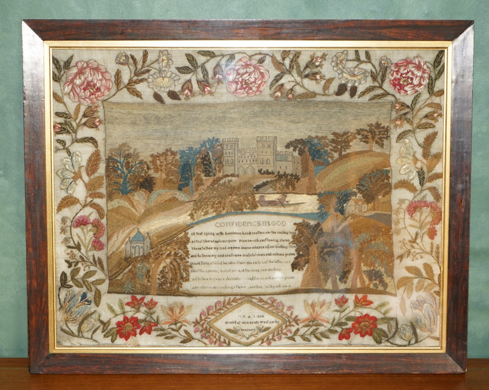 IMPORTANT 1834 NEEDLEWORK STUMPWORK SAMPLER IN ANTIQUE WILLIAM IV ROSEWOOD FRAME IMPORTANT 1834 NEEDLEWORK STUMPWORK SAMPLER IN ANTIQUE WILLIAM IV ROSEWOOD FRAME