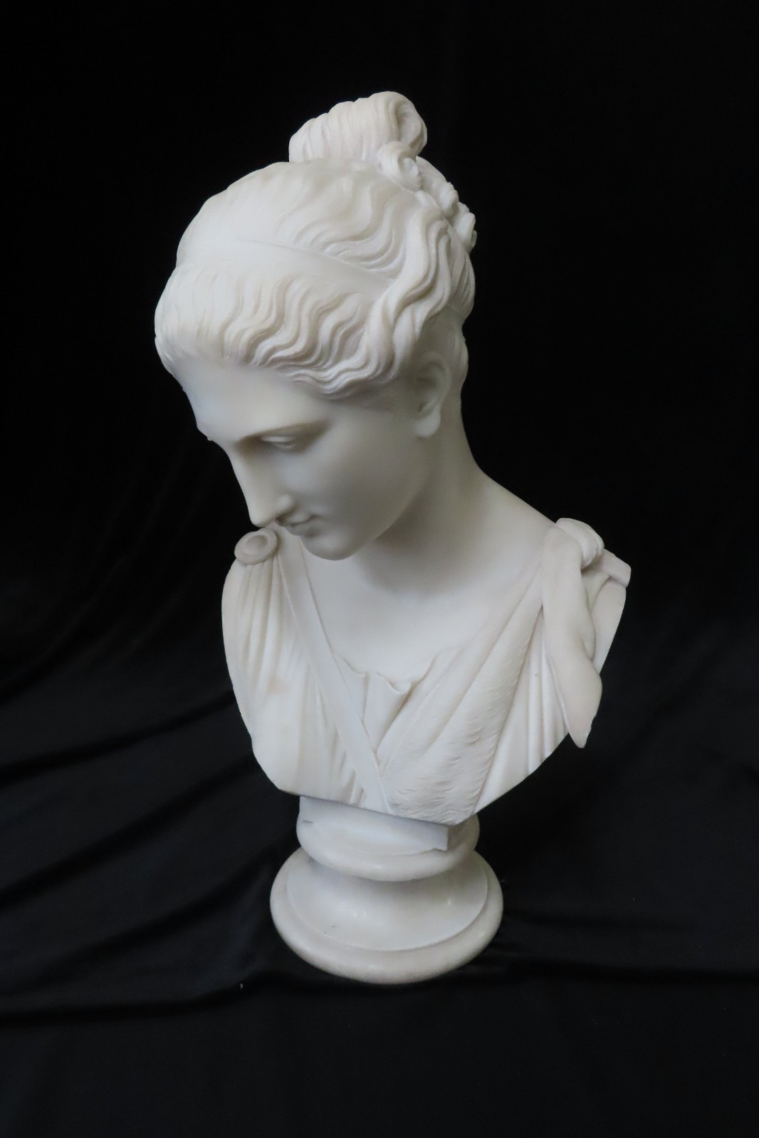 Antique German EMIL WOLFF Marble Bust of Roman Goddess DIANA with Deer Pelt Sash Antique German EMIL WOLFF Marble Bust of Roman Goddess DIANA with Deer Pelt Sash