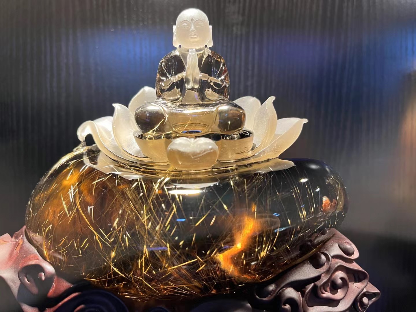 7.1LB  A+++Natural Gold rutilated Quartz carved Crystal Energy Bodhisattva+stand