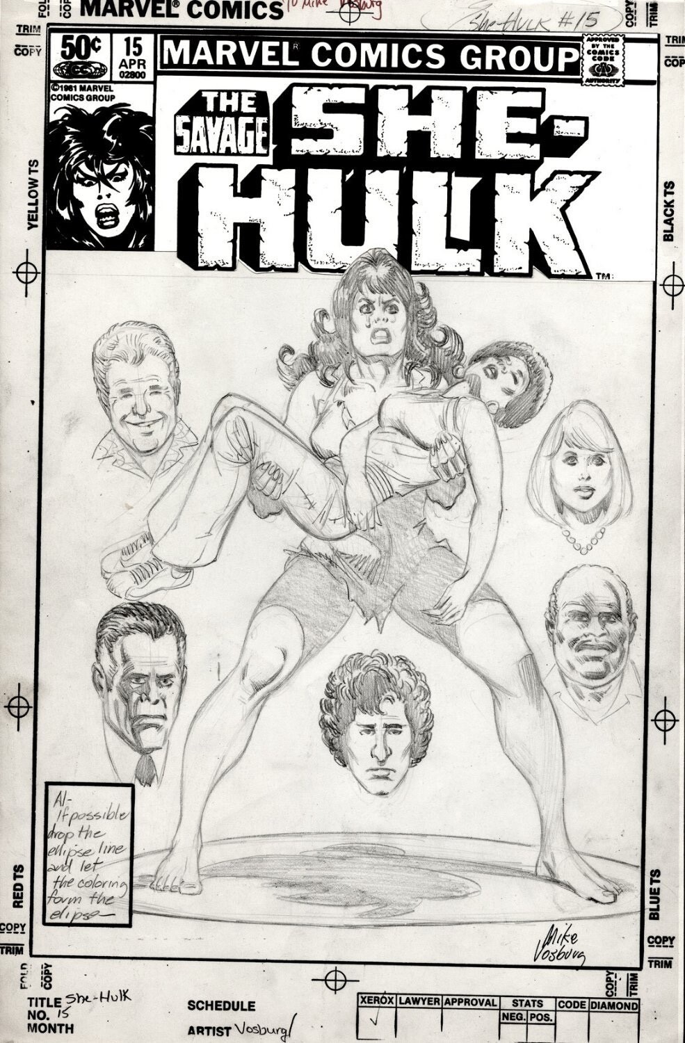 MIKE VOSBURG - She-Hulk #18 cover pencil art, large She-Hulk & crew1981