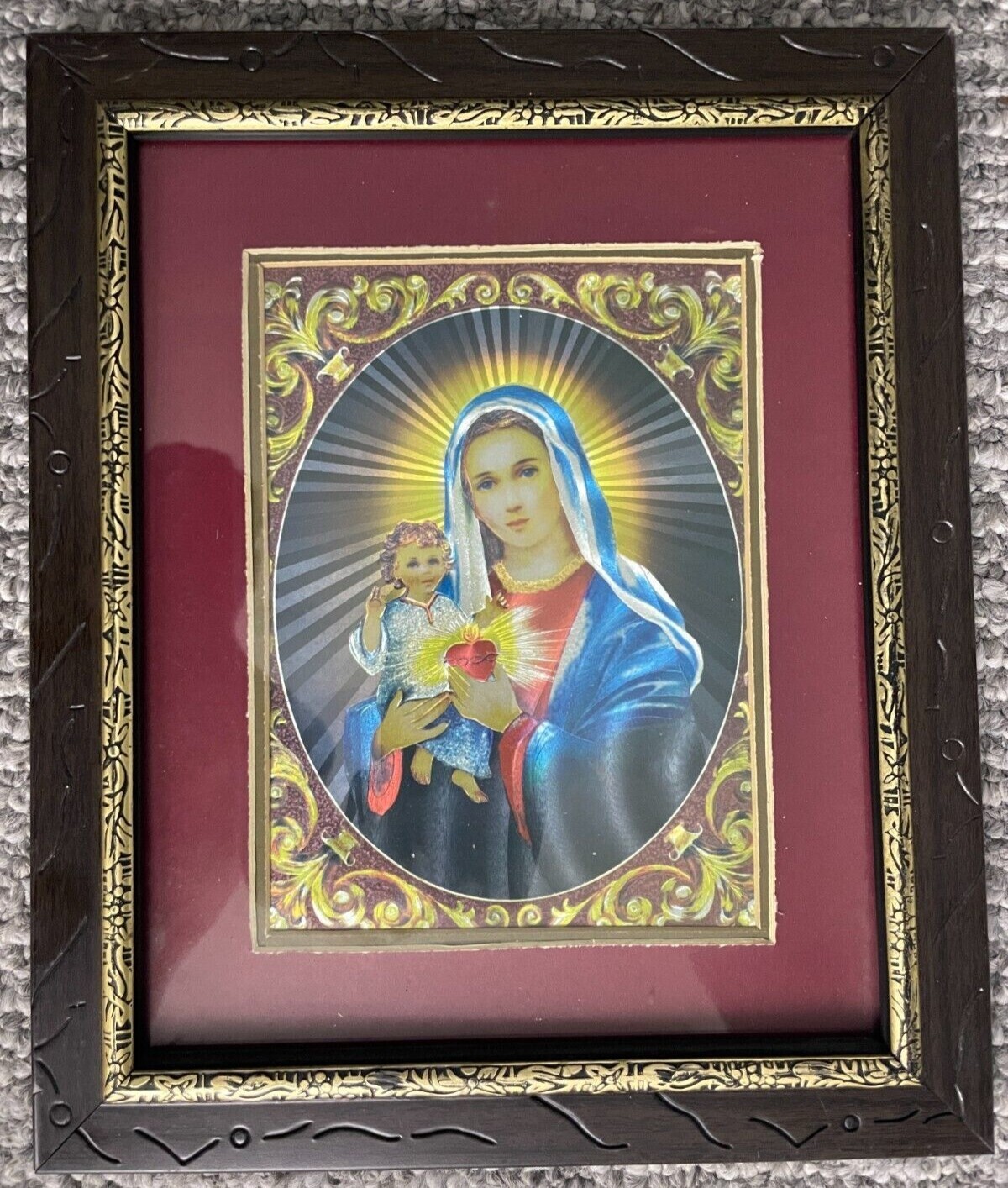 Rare Antique Virgin Mary Baby Jesus Sacred Heart Print - Opulent Wood Frame