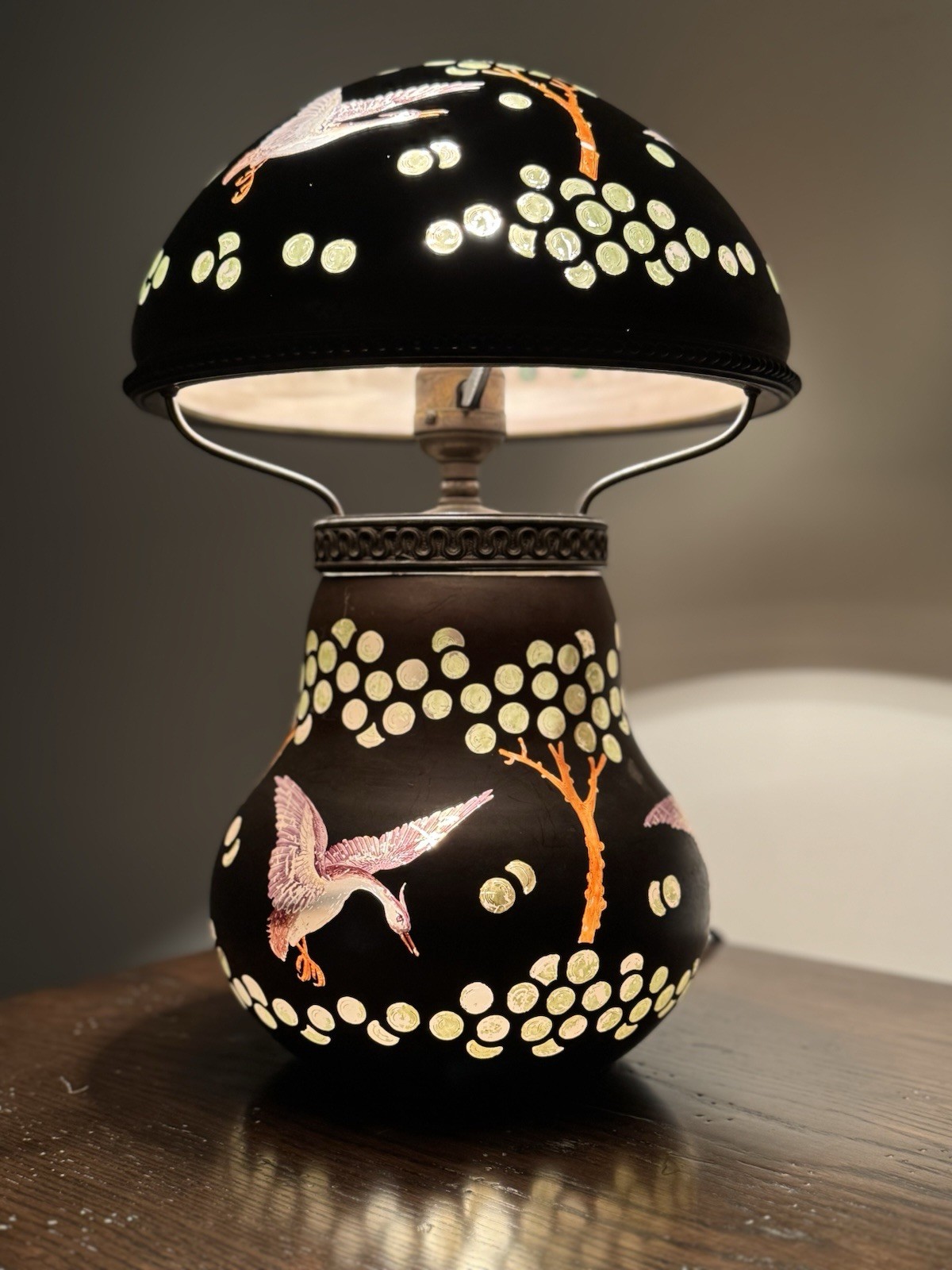 Museum-Grade Reverse-Painted Crane Lamp — Matching Shade & Base — Museum-Grade Reverse-Painted Crane Lamp — Matching Shade & Base —