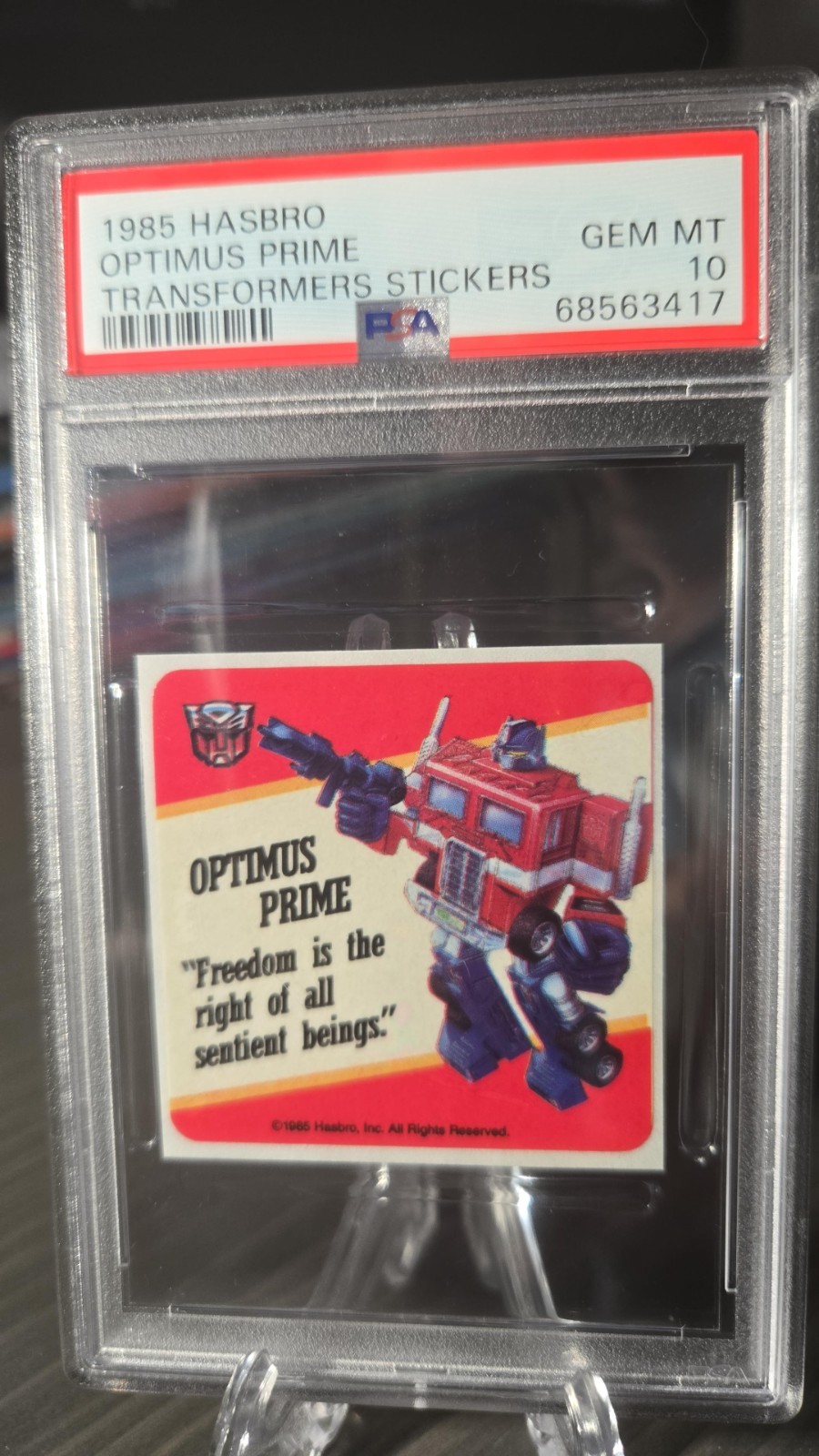 1985 Hasbro Transformers Stickers - OPTIMUS PRIME PSA 10 - HOLY GRAIL