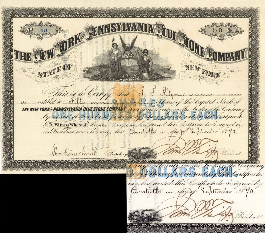 New York and Pennsylvania Blue Stone Co. signed by James Fisk, Jr. known as Di New York and Pennsylvania Blue Stone Co. signed by James Fisk, Jr. known as Di