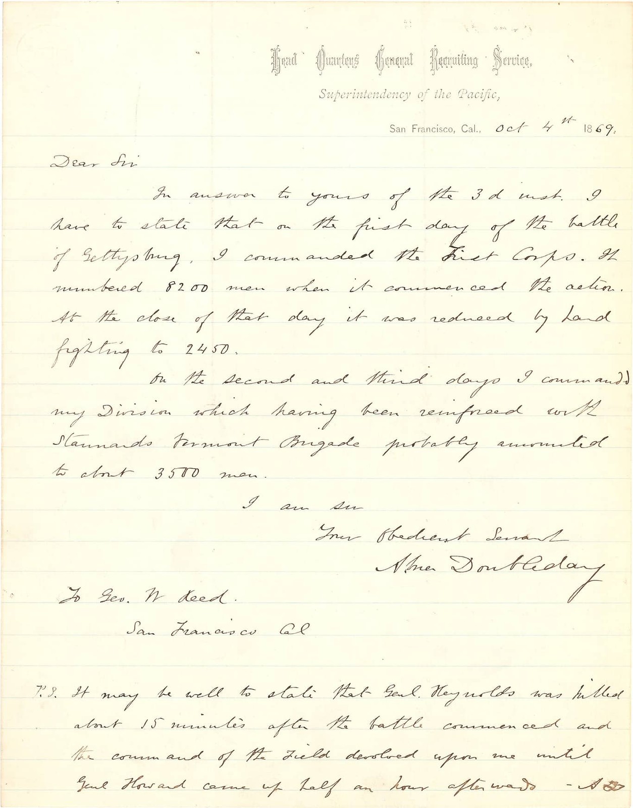 1869 - Abner Doubleday Handwritten Letter Battle of Gettysburg - Beckett LOA