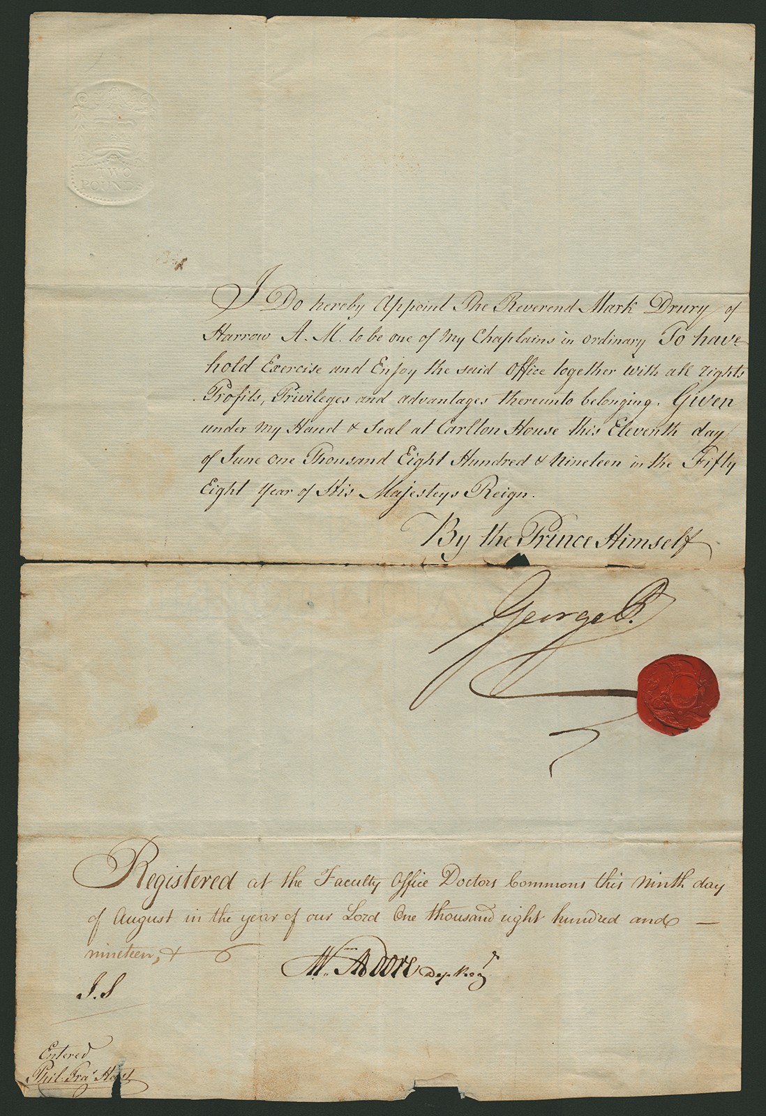 KING GEORGE IV (GREAT BRITAIN) - CIVIL APPOINTMENT SIGNED 06/11/1819