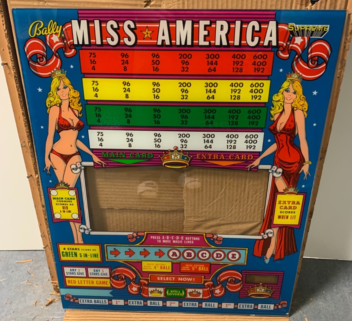 Bally MISS AMERICA SUPREME Bingo Backglass BRAND NEW ORIGINAL 1976 (more avail) Bally MISS AMERICA SUPREME Bingo Backglass BRAND NEW ORIGINAL 1976 (more avail)