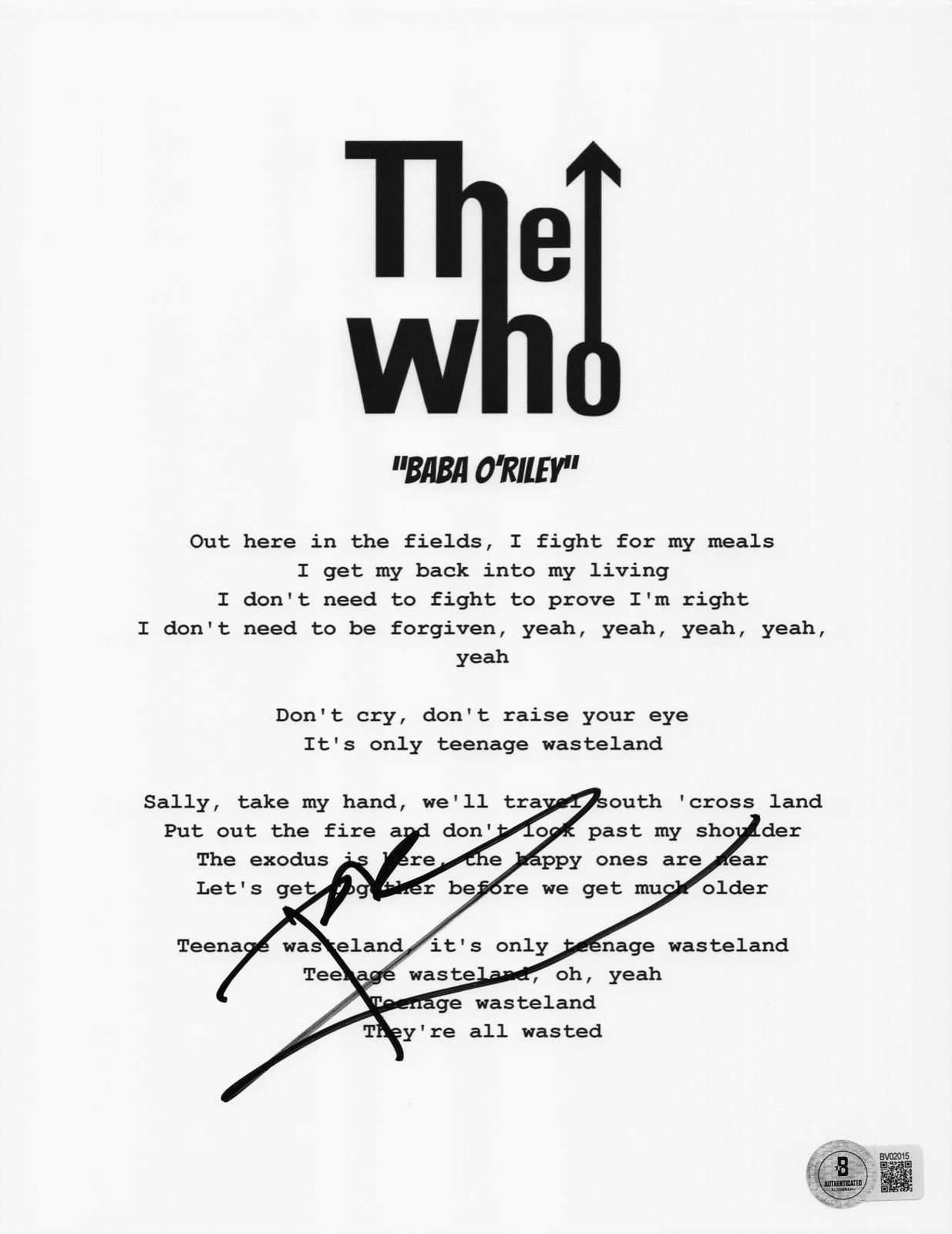 PETE TOWNSHEND SIGNED AUTO THE WHO BABA O'RILEY LYRIC MUSIC SHEET BECKETT BAS