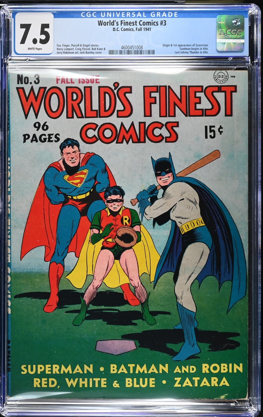 World's Finest Comics #3 CGC VF- 7.5 White Pages 1st Scarecrow DC Comics 1941 World's Finest Comics #3 CGC VF- 7.5 White Pages 1st Scarecrow DC Comics 1941