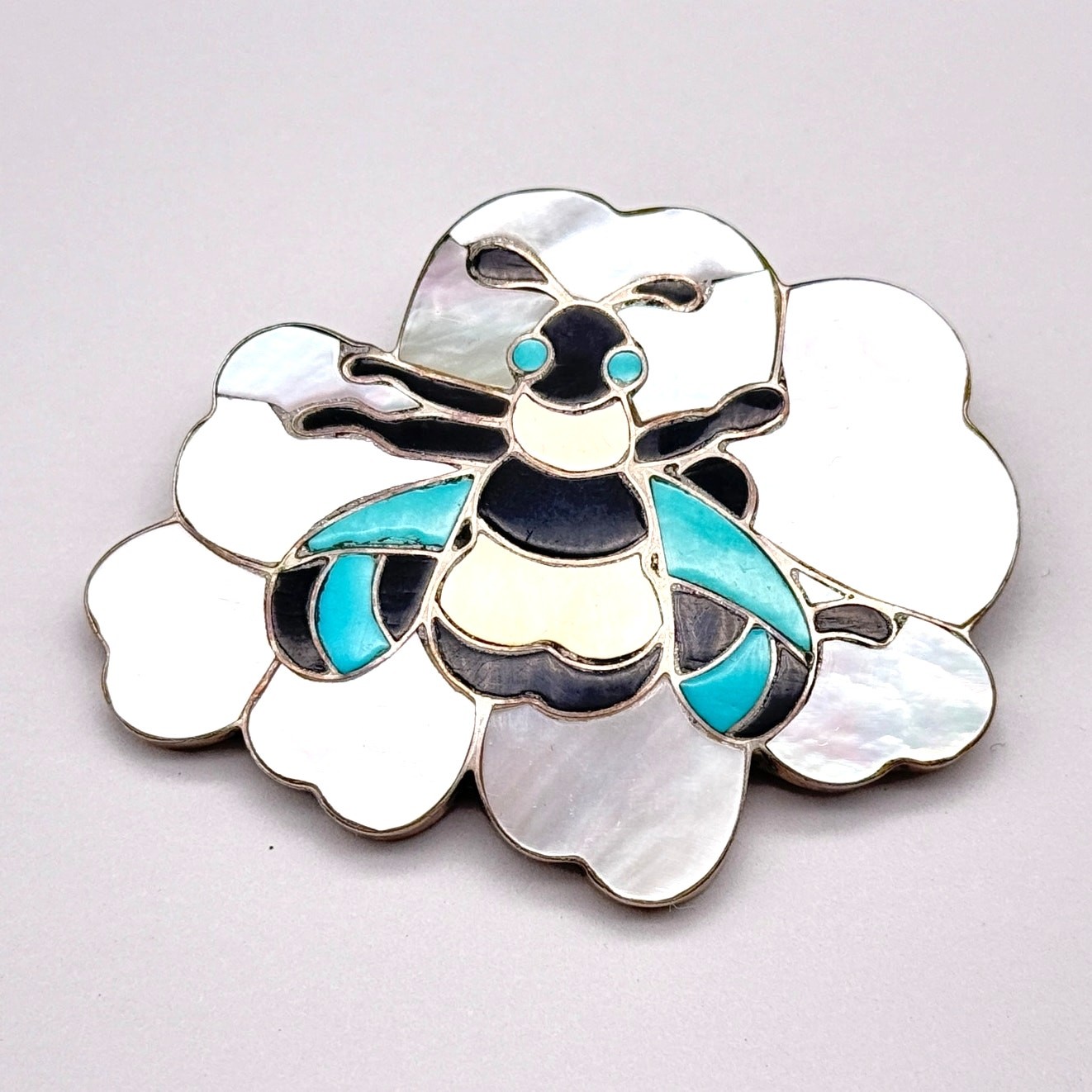 Vintage Zuni Native Sonny Wallace Bee Turquoise Inlay Silver Pin Brooch Pendant
