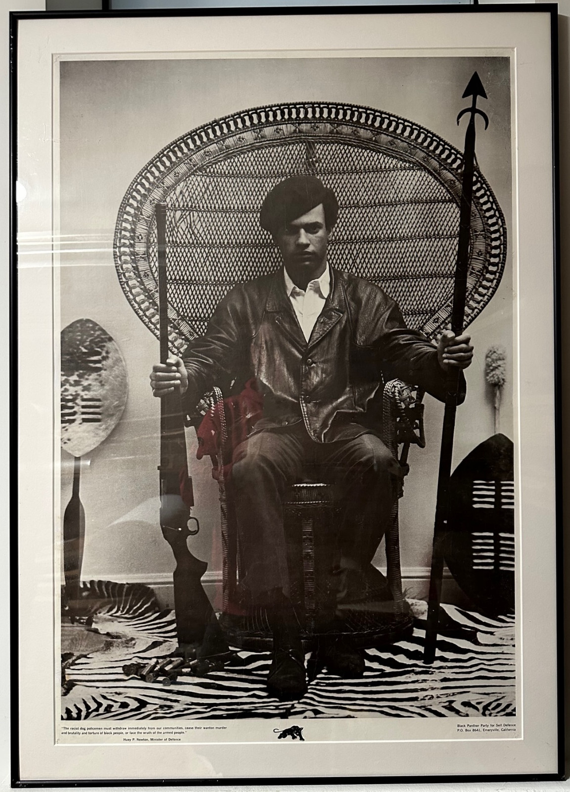 Original 1967 Huey Newton IN PEACOCK WICKER CHAIR Black Panther Party Poster